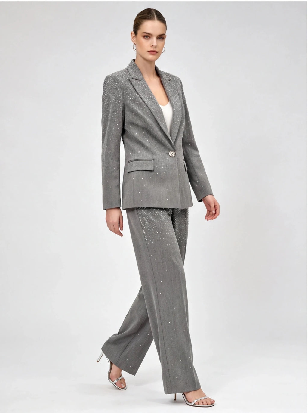 Women's Grey Sparkly Blazer Set - Rhinestone Embellished Suit with Wide Leg Pants for Evening Party - Styeenigma