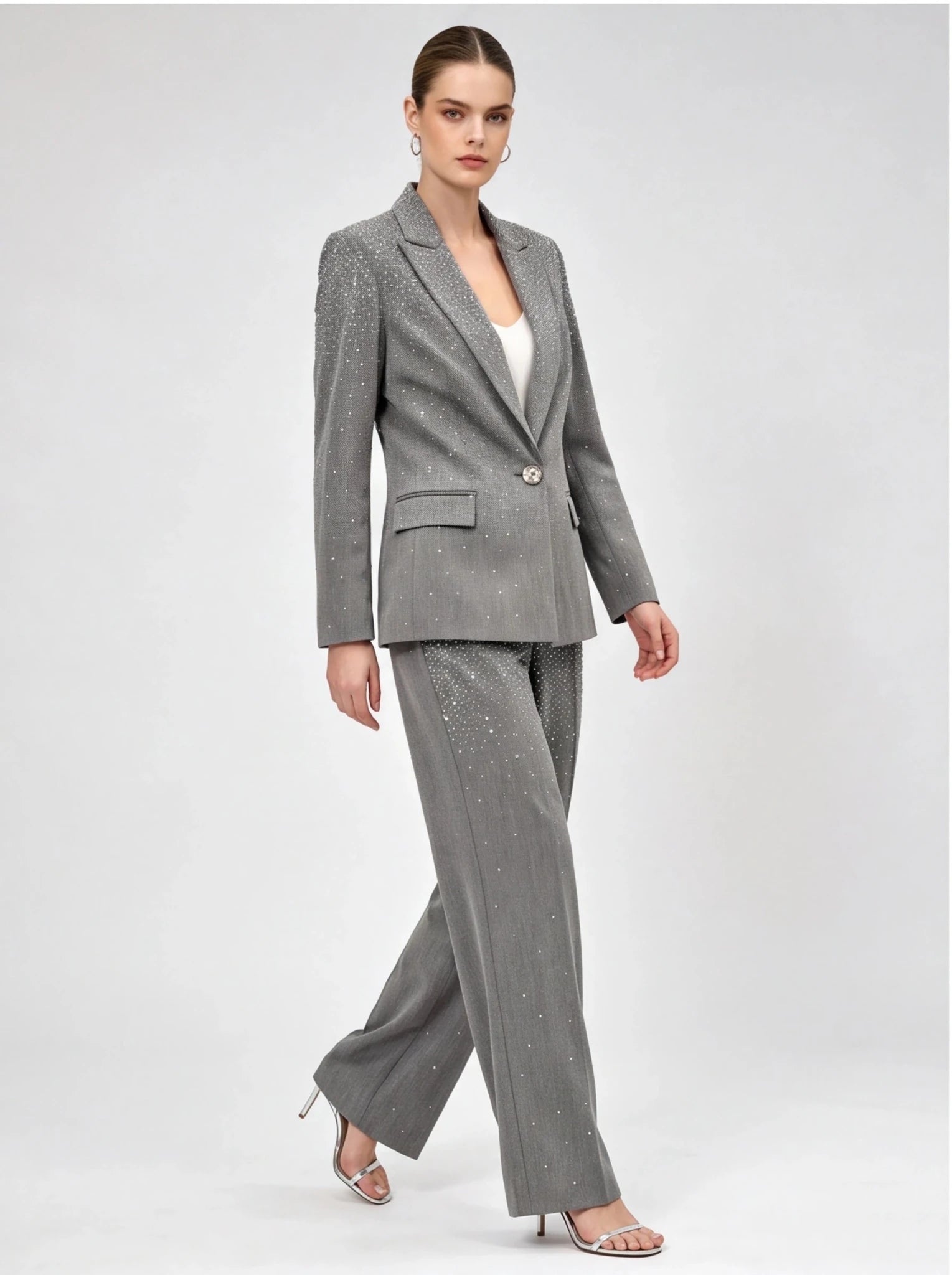 Women's Grey Sparkly Blazer Set - Rhinestone Embellished Suit with Wide Leg Pants for Evening Party - Styeenigma
