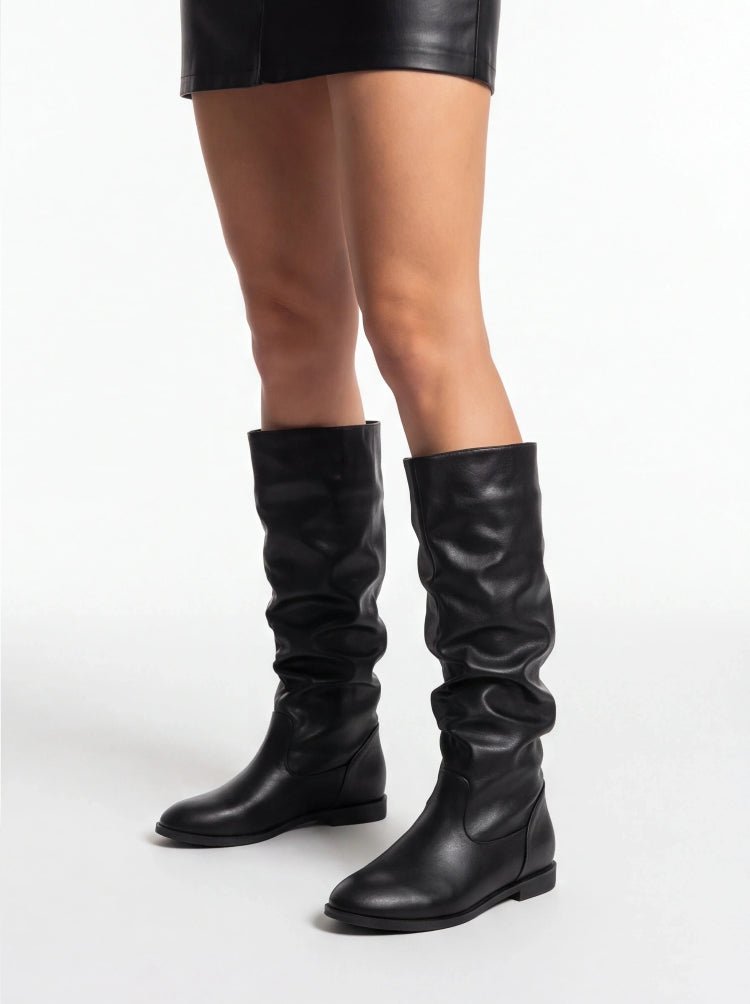 Women's Flat Knee High Boots Slouchy Faux Leather Boots - Styeenigma