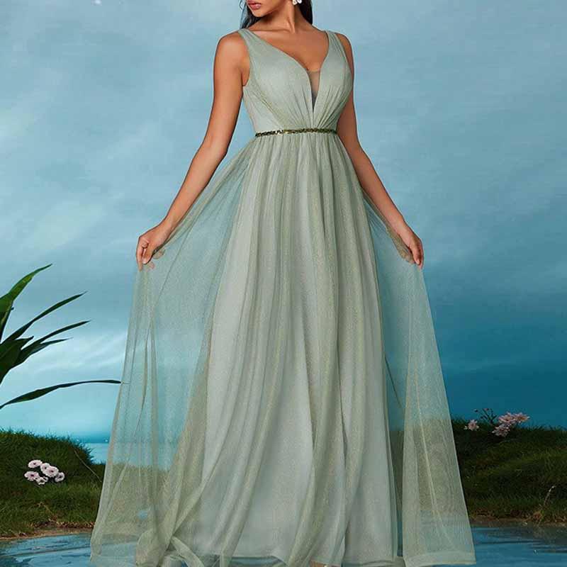 Sage Green V Neck Sleeveless Dress | Prom & Wedding Guest - Styeenigma