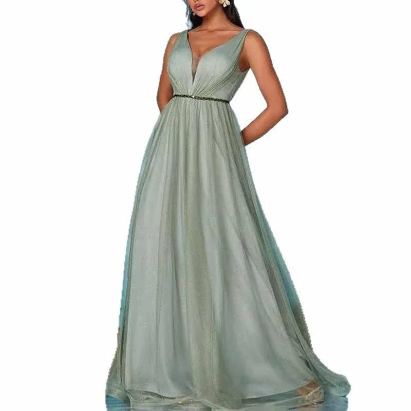 Sage Green V Neck Sleeveless Dress | Prom & Wedding Guest - Styeenigma