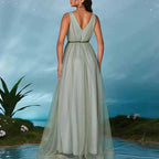 Sage Green V Neck Sleeveless Dress | Prom & Wedding Guest - Styeenigma