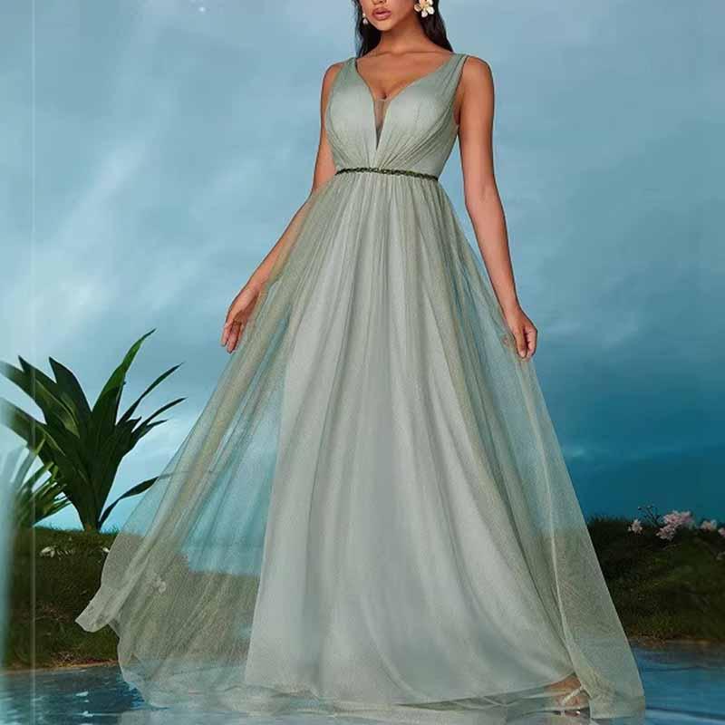 Sage Green V Neck Sleeveless Dress | Prom & Wedding Guest - Styeenigma