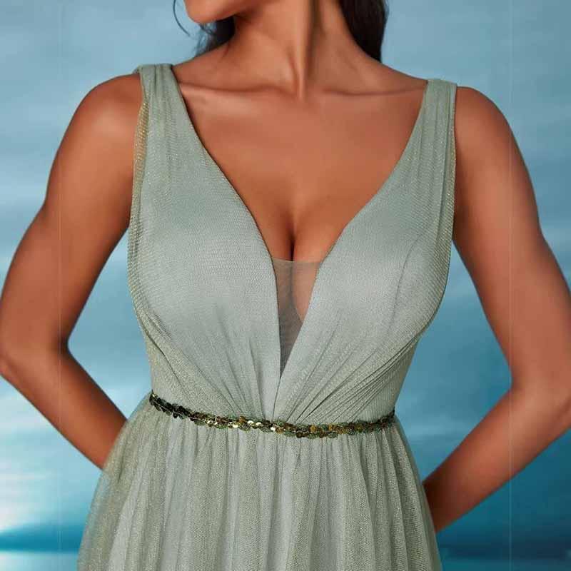 Sage Green V Neck Sleeveless Dress | Prom & Wedding Guest - Styeenigma