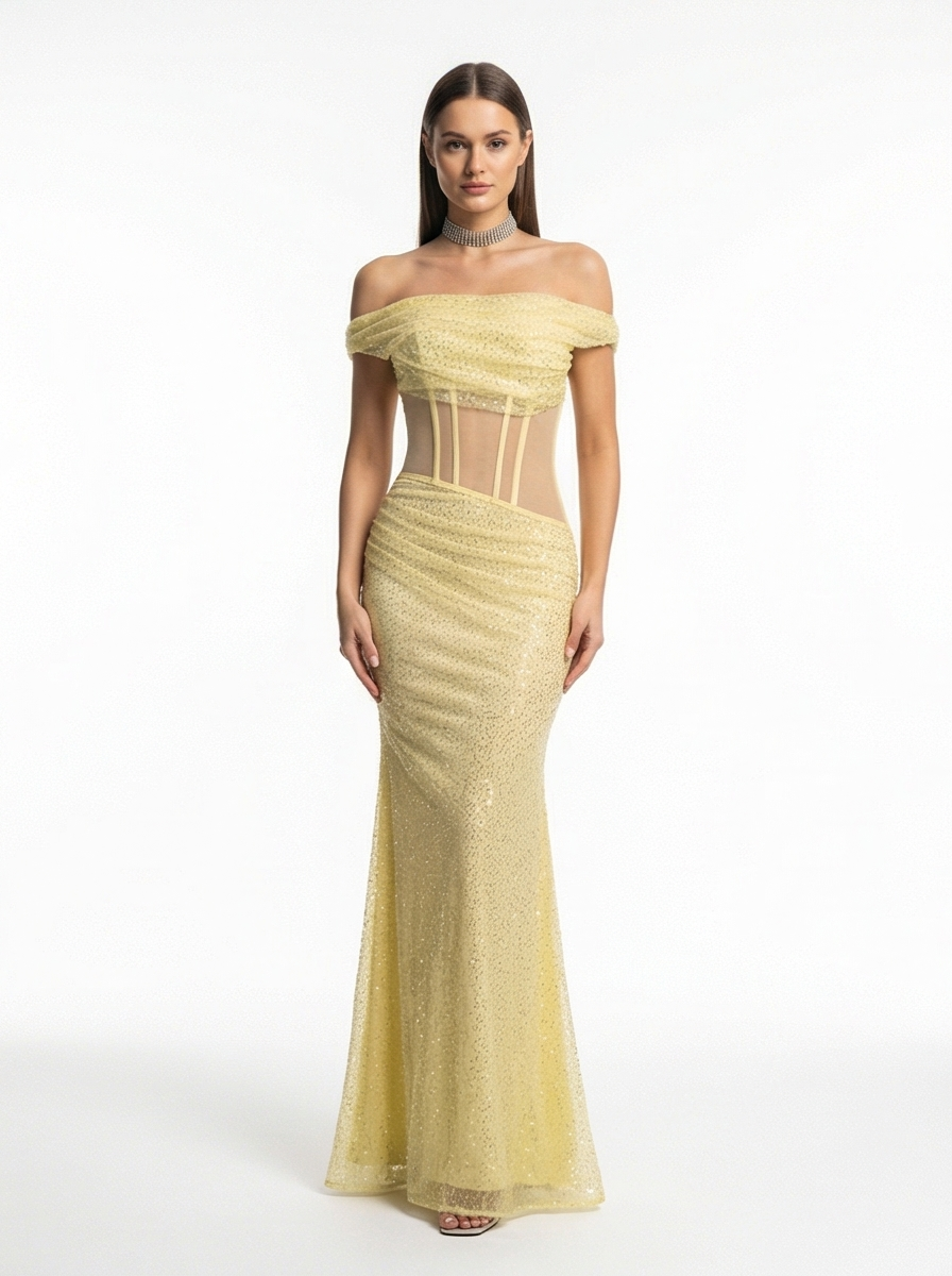 Woman wearing a yellow off-shoulder dress on a white background