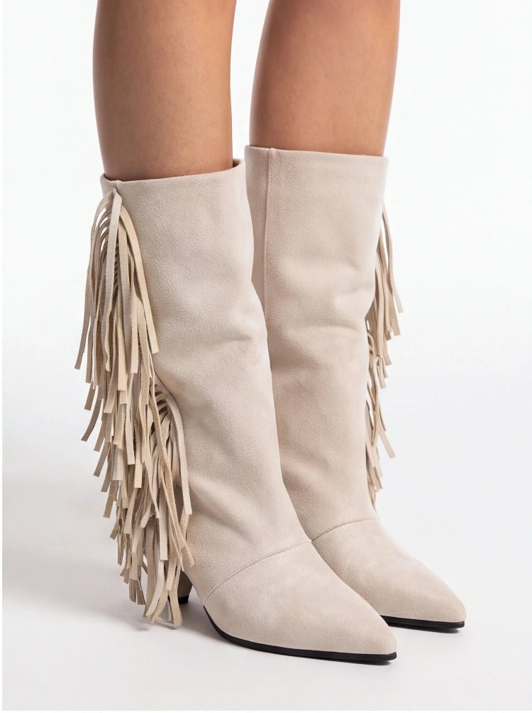 Women's Ivory Suede Fringe Boots Pointed Toe Mid Calf Booties Western Style - Styeenigma
