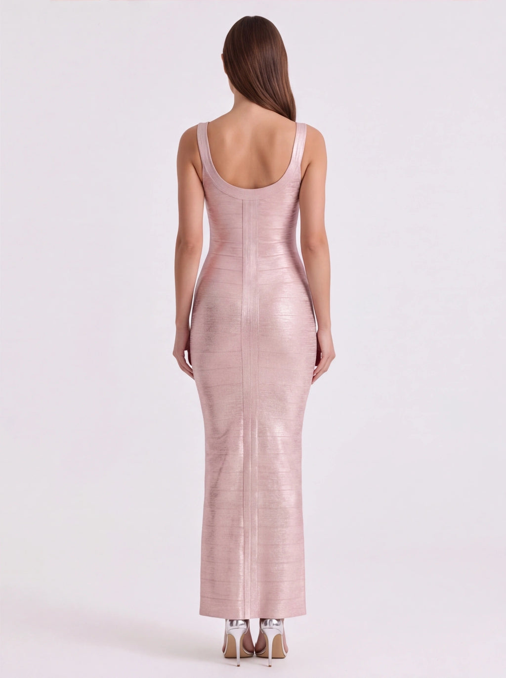 Slinky Metallic Bodycon Maxi Dress | Women's Sleeveless U-Neck Stretchy Evening Gown