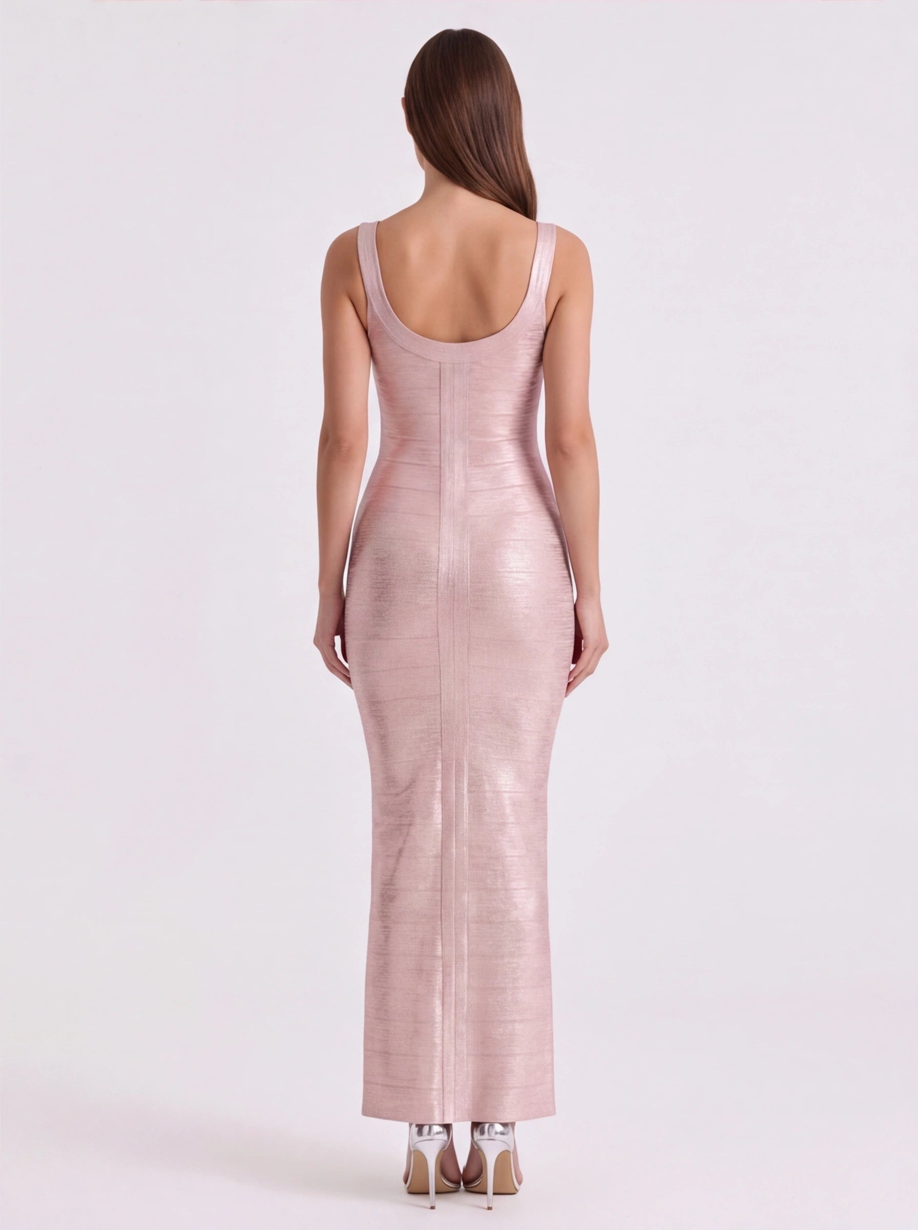 Slinky Metallic Bodycon Maxi Dress | Women's Sleeveless U-Neck Stretchy Evening Gown
