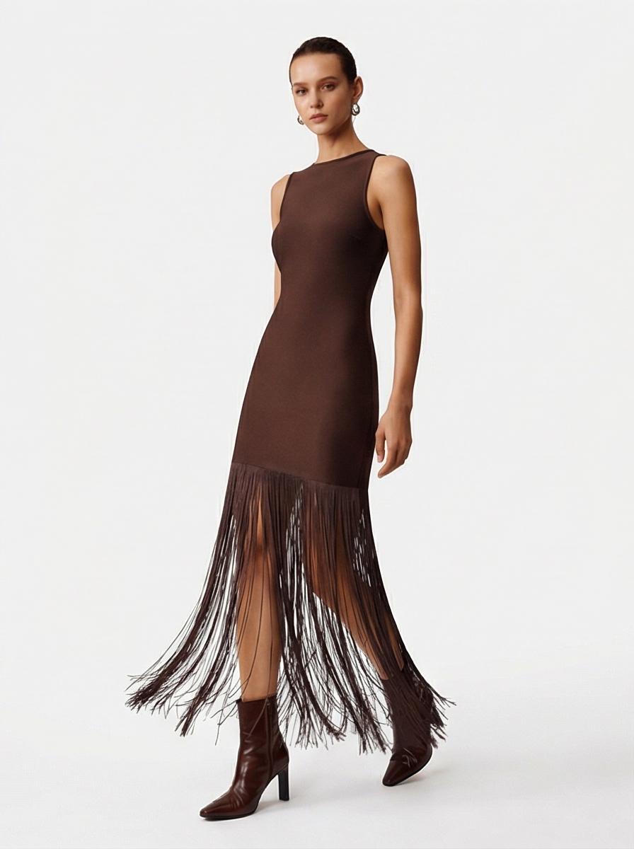 Woman wearing a brown dress with fringe details on a white background