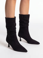 ruched suede kitten heel boots black