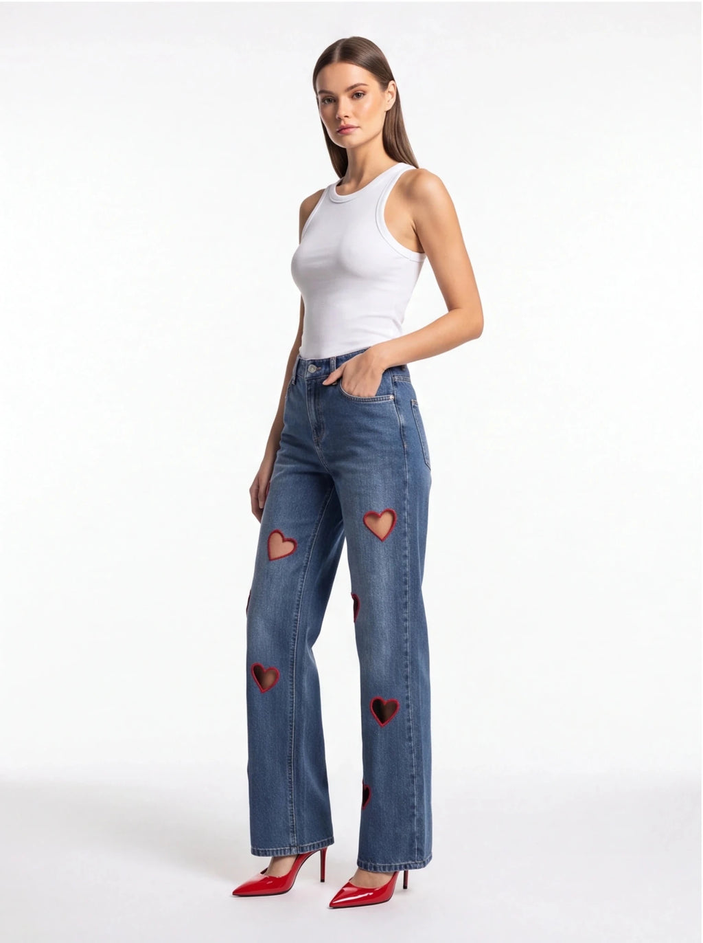 Straight-Leg High-Waist Denim Jeans – Hollow Heart Cut-Out Detail Pants - Styeenigma