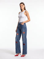 Straight-Leg High-Waist Denim Jeans – Hollow Heart Cut-Out Detail Pants - Styeenigma