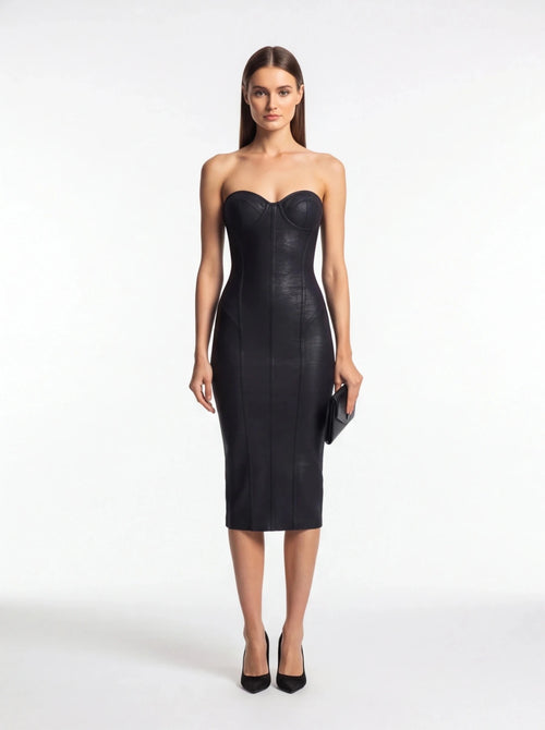 Black Bandage Corset Midi Dress – Stretchy Bodycon Formal Gown - Styeenigma