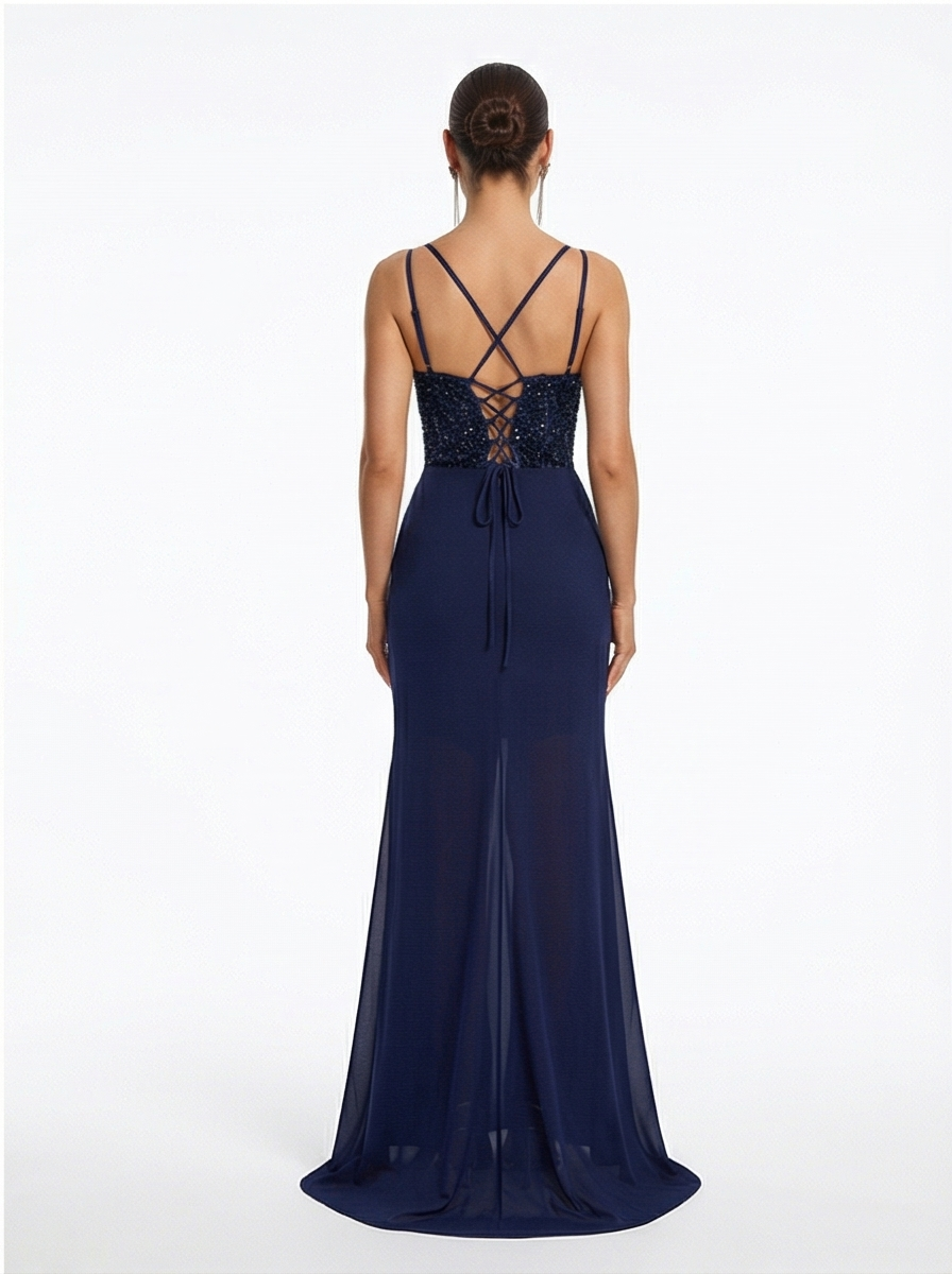 Navy Blue Beaded Corset Gown with High Slit & Spaghetti Straps
