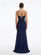 Navy Blue Beaded Corset Gown with High Slit & Spaghetti Straps
