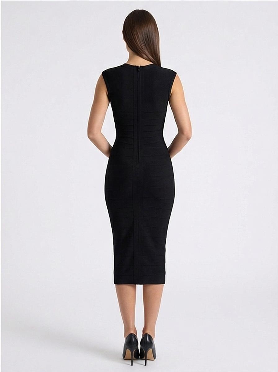 Black dress worn by a model on a white background
