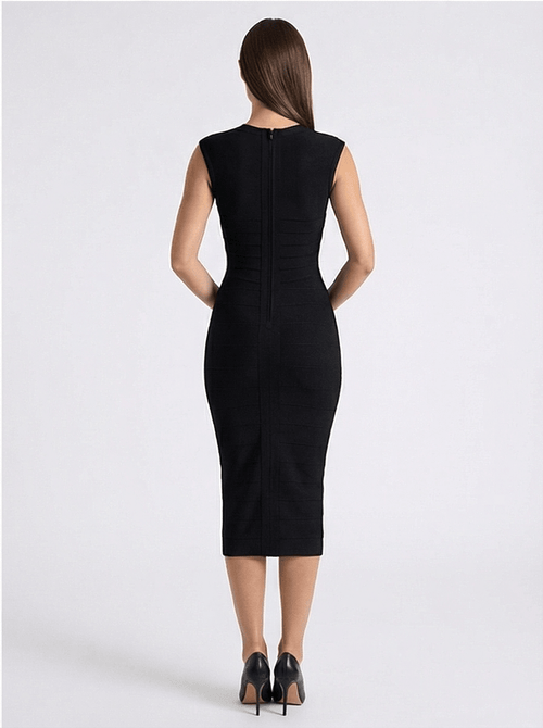 Black Bandage Midi Dress – Bodycon, Deep V-Neck, Sleeveless for Cocktail & Formal Events - Styeenigma