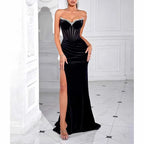 Sweetheart Corset Velvet Dress | Rhinestone Split Evening Gown - Styeenigma