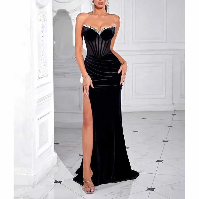 Sweetheart Corset Velvet Dress | Rhinestone Split Evening Gown - Styeenigma