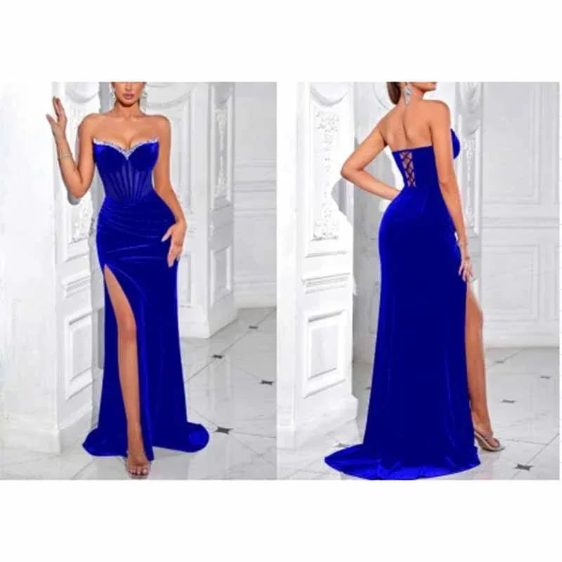 Sweetheart Corset Velvet Dress | Rhinestone Split Evening Gown - Styeenigma