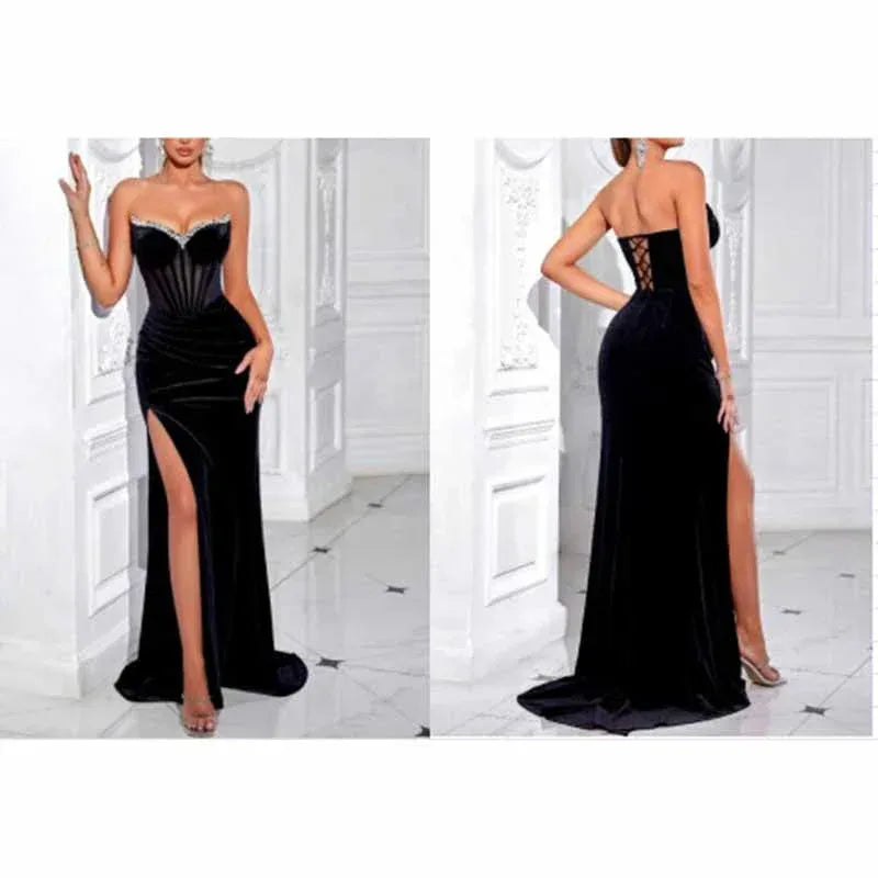Sweetheart Corset Velvet Dress | Rhinestone Split Evening Gown - Styeenigma