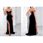 Sweetheart Corset Velvet Dress | Rhinestone Split Evening Gown - Styeenigma