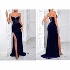 Sweetheart Corset Velvet Dress | Rhinestone Split Evening Gown - Styeenigma
