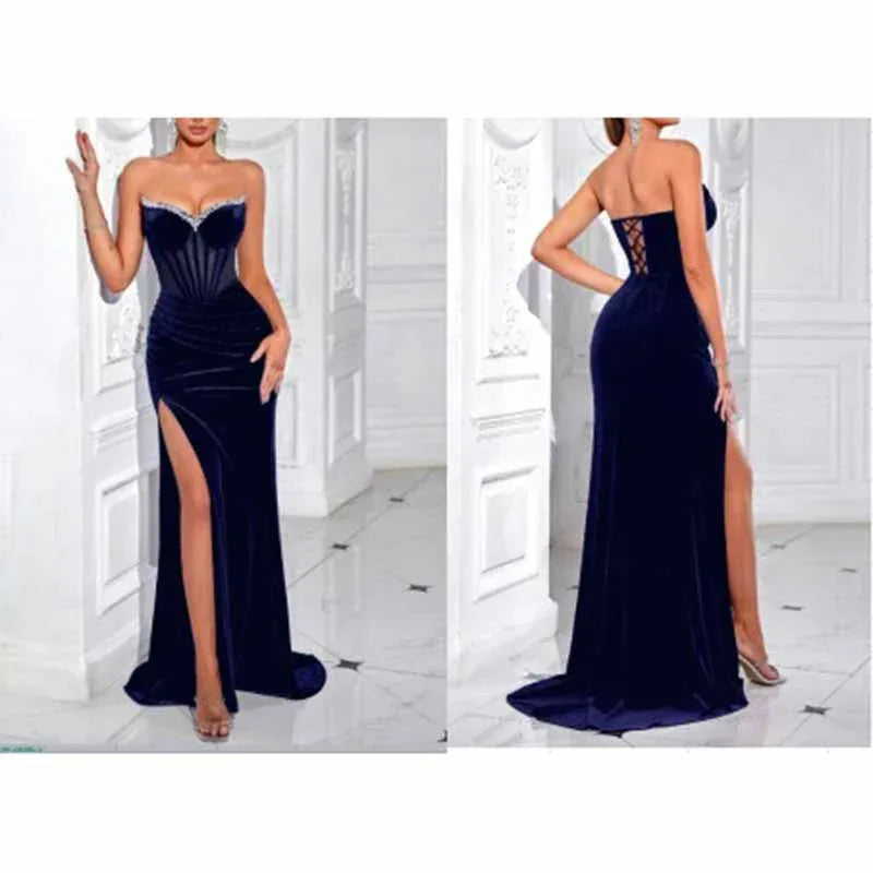 Sweetheart Corset Velvet Dress | Rhinestone Split Evening Gown - Styeenigma