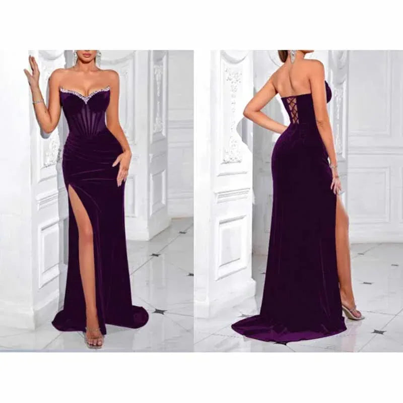 Sweetheart Corset Velvet Dress | Rhinestone Split Evening Gown - Styeenigma