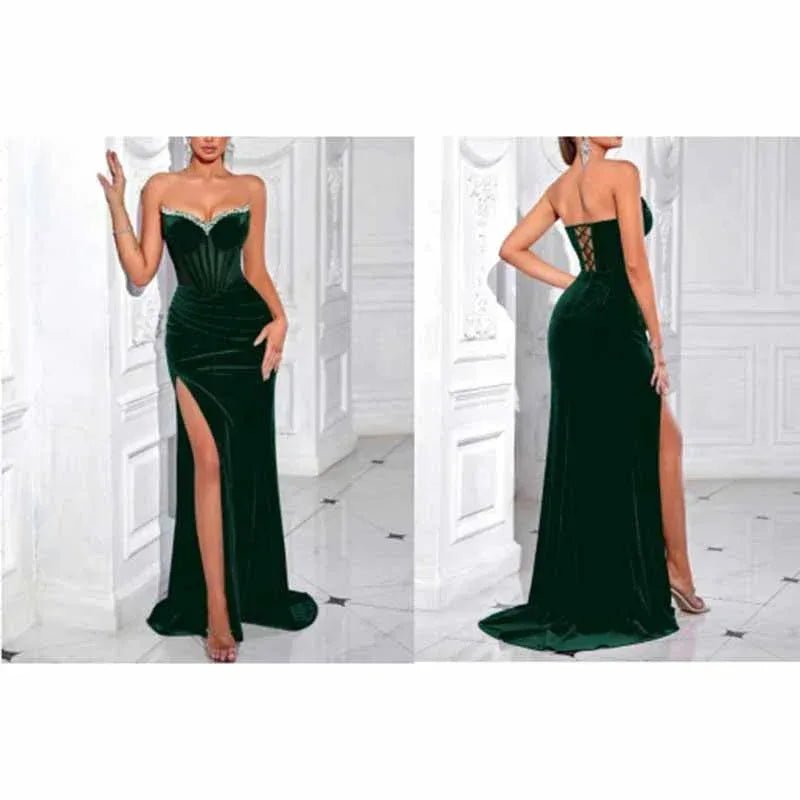 Sweetheart Corset Velvet Dress | Rhinestone Split Evening Gown - Styeenigma