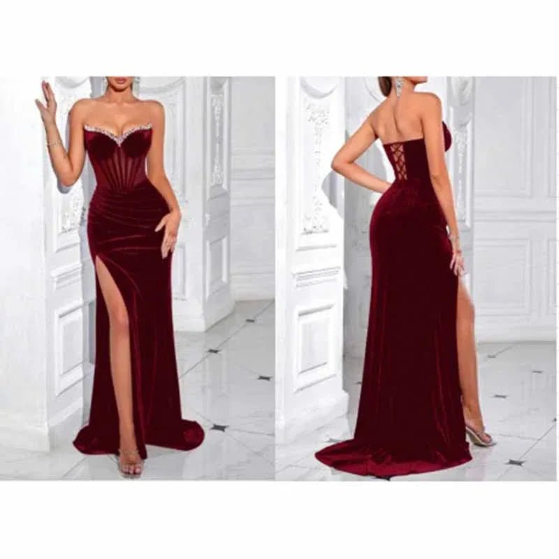Sweetheart Corset Velvet Dress | Rhinestone Split Evening Gown - Styeenigma
