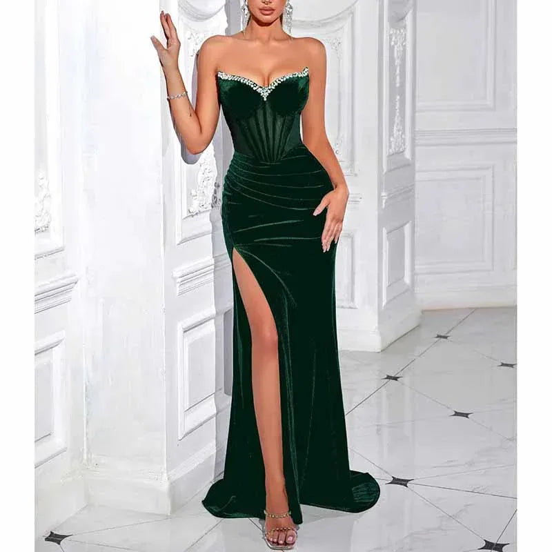 Sweetheart Corset Velvet Dress | Rhinestone Split Evening Gown - Styeenigma