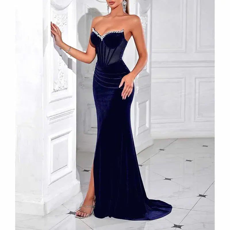 Sweetheart Corset Velvet Dress | Rhinestone Split Evening Gown - Styeenigma