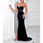 Sweetheart Corset Velvet Dress | Rhinestone Split Evening Gown - Styeenigma
