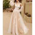 V-Neck A Line Tulle Wedding Dress Puffy Sleeves Lace Bridal Gown - Styeenigma