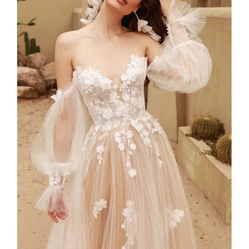 V-Neck A Line Tulle Wedding Dress Puffy Sleeves Lace Bridal Gown - Styeenigma