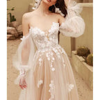 V-Neck A Line Tulle Wedding Dress Puffy Sleeves Lace Bridal Gown - Styeenigma