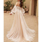 V-Neck A Line Tulle Wedding Dress Puffy Sleeves Lace Bridal Gown - Styeenigma