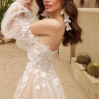 V-Neck A Line Tulle Wedding Dress Puffy Sleeves Lace Bridal Gown - Styeenigma