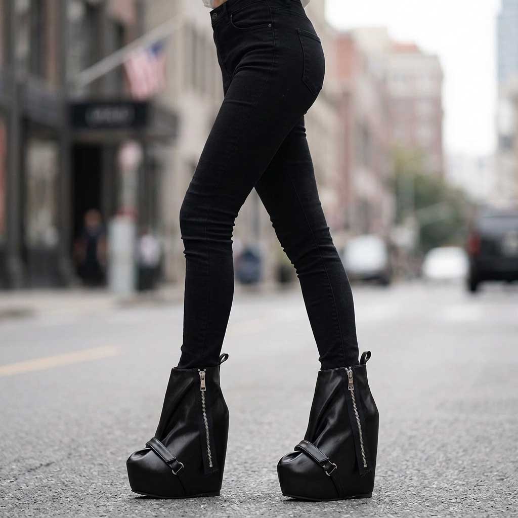 Black Faux Leather Wedge Platform Ankle Boots with Side Zipper & Buckle - Styeenigma