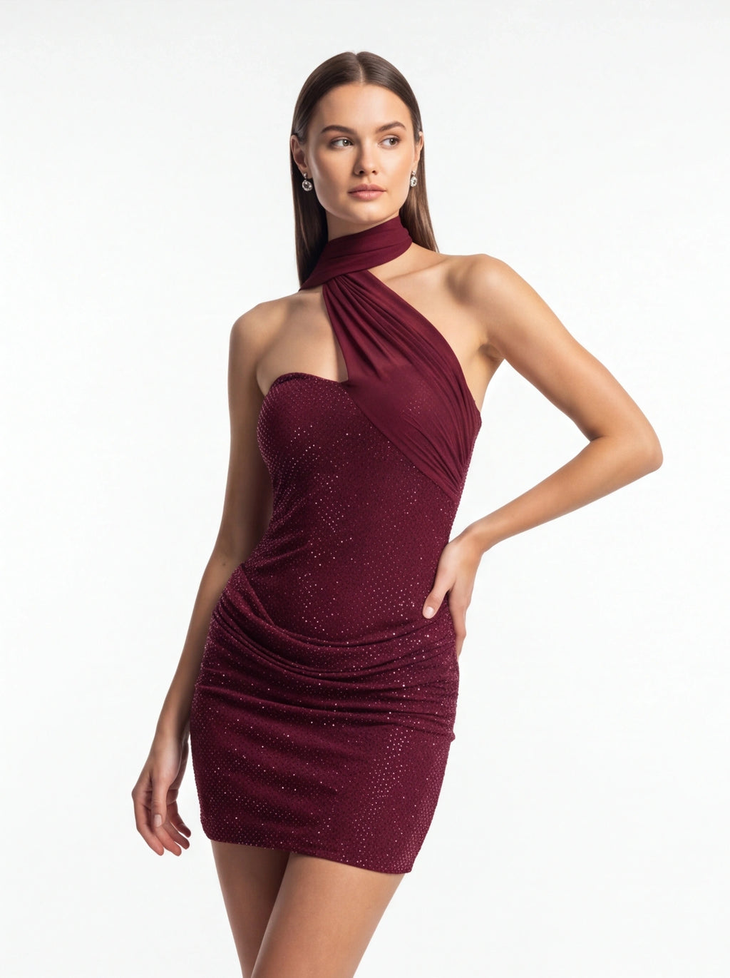 Burgundy Crystal Rhinestone Halter Mini Dress pose