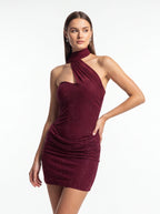 Burgundy Crystal Rhinestone Halter Mini Dress pose
