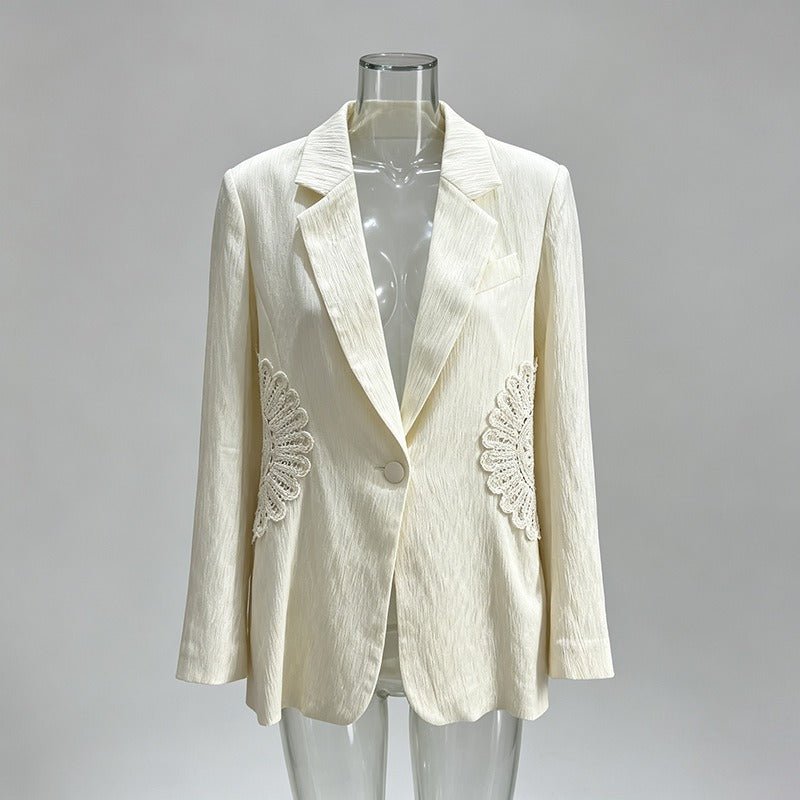 White Lace Applique Blazer Women | Textured Single Button Suit Jacket - Styeenigma