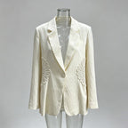 White Lace Applique Blazer Women | Textured Single Button Suit Jacket - Styeenigma