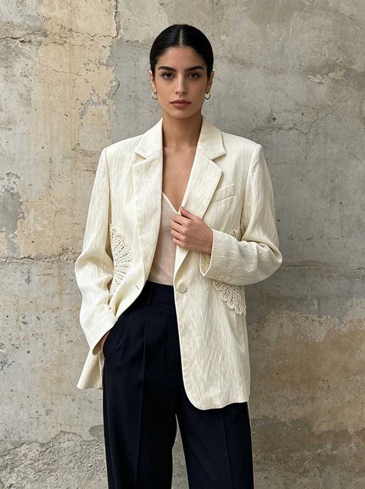 White Lace Applique Blazer Women | Textured Single Button Suit Jacket - Styeenigma