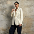 White Lace Applique Blazer Women | Textured Single Button Suit Jacket - Styeenigma