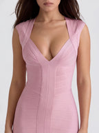Bandage Bodycon Mini Dress – Deep V-Neck, Sleeveless, Ruched Textured Tight-Fit Party Dress
