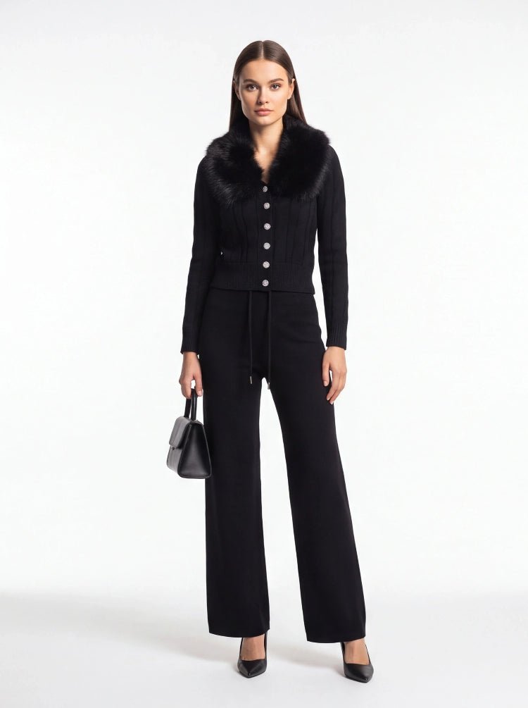 Fur Collar Cardigan Knit Set Rhinestone Buttons Wide Leg Pants - Styeenigma