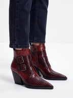 Wine Red & Brown Croc Embossed Ankle Boots Double Buckle Pointed Toe Shoes - Styeenigma