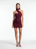 Burgundy Crystal Rhinestone Halter Mini Dress